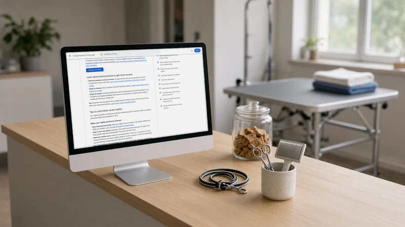 Desktop computer on a dog-grooming salon counter showing Google's tips for writing better review replies