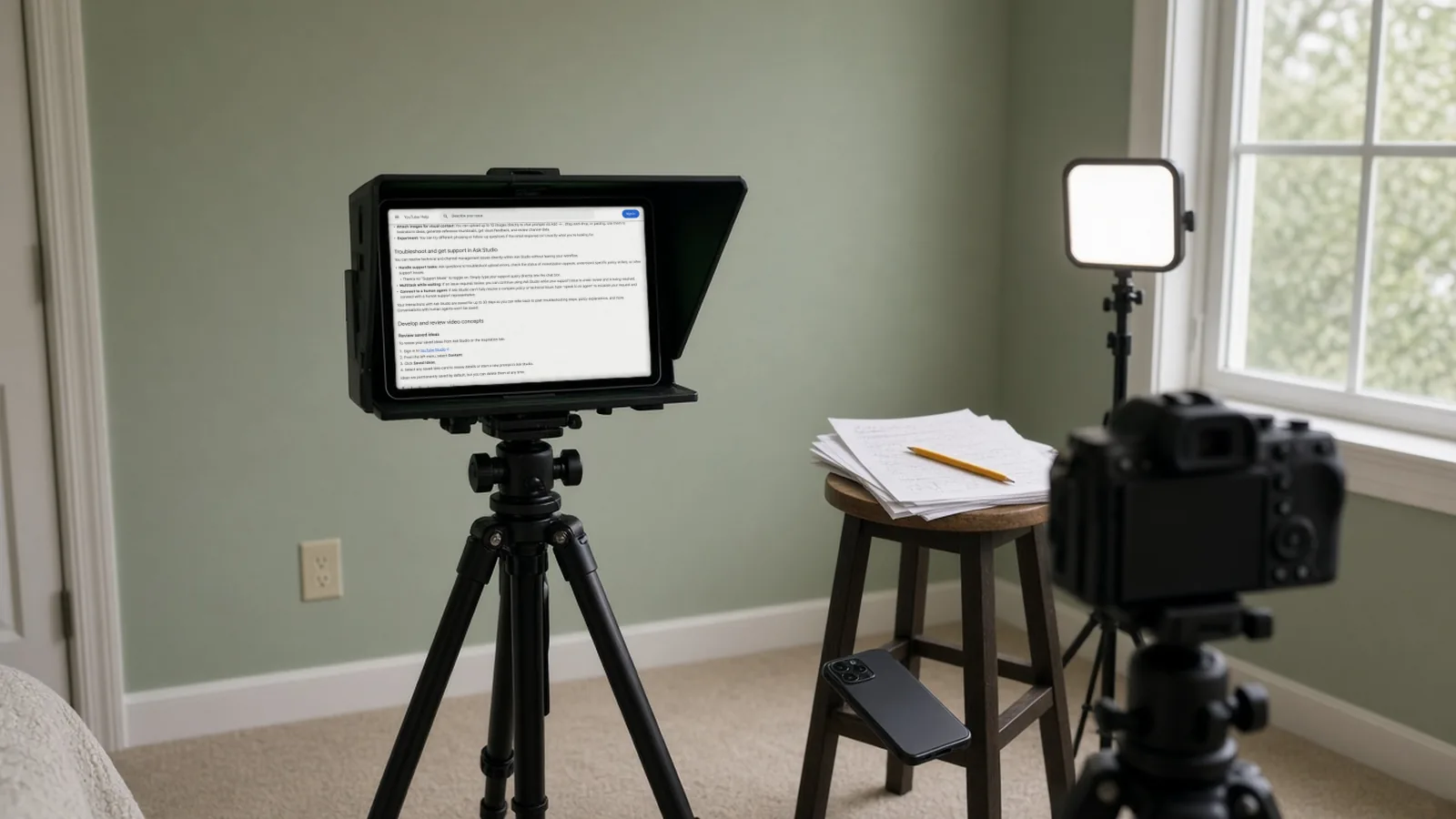 Tablet on a tripod beside a camera showing YouTube's Ask Studio help page in a home filming corner