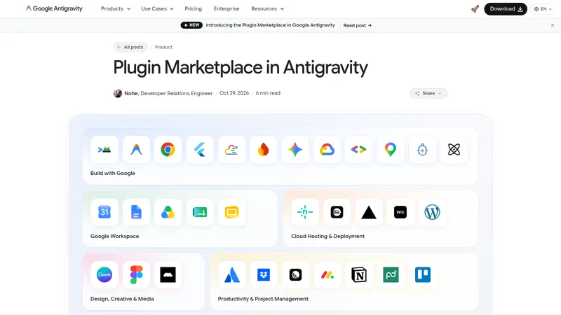 Google Antigravity blog post titled Plugin Marketplace in Antigravity, dated 29 Oct 2026, with partner logos