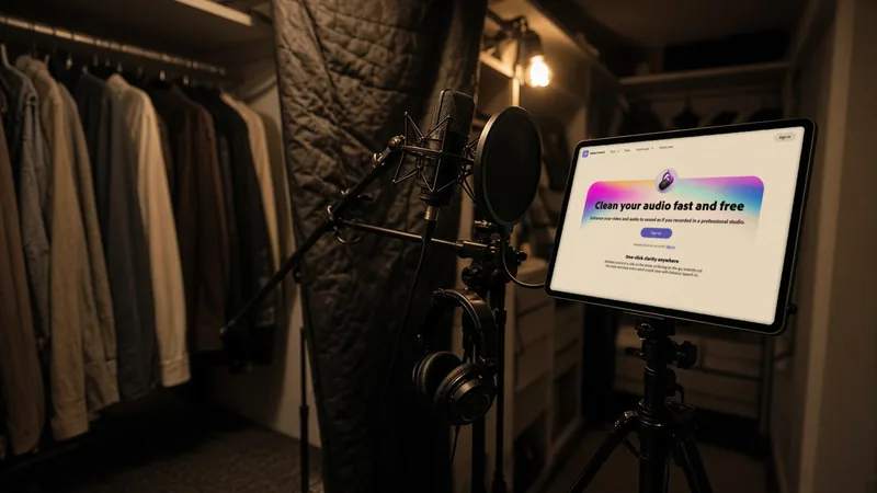 Tablet on a music stand showing Adobe's Enhance Speech page in a closet vocal booth with a microphone and pop filter