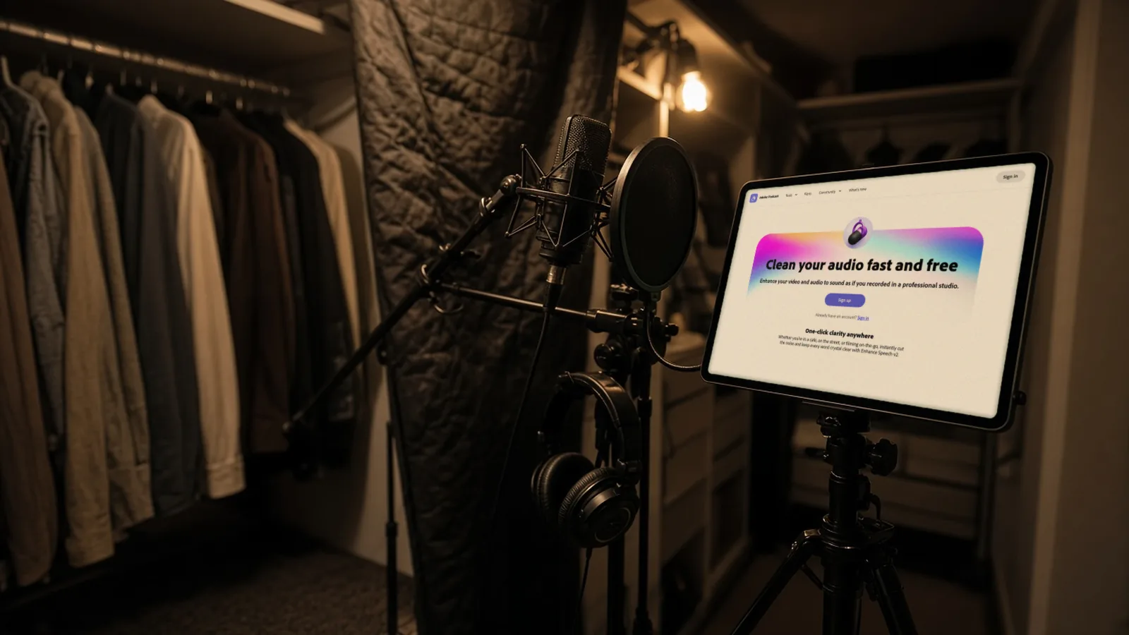 Tablet on a music stand showing Adobe's Enhance Speech page in a closet vocal booth with a microphone and pop filter