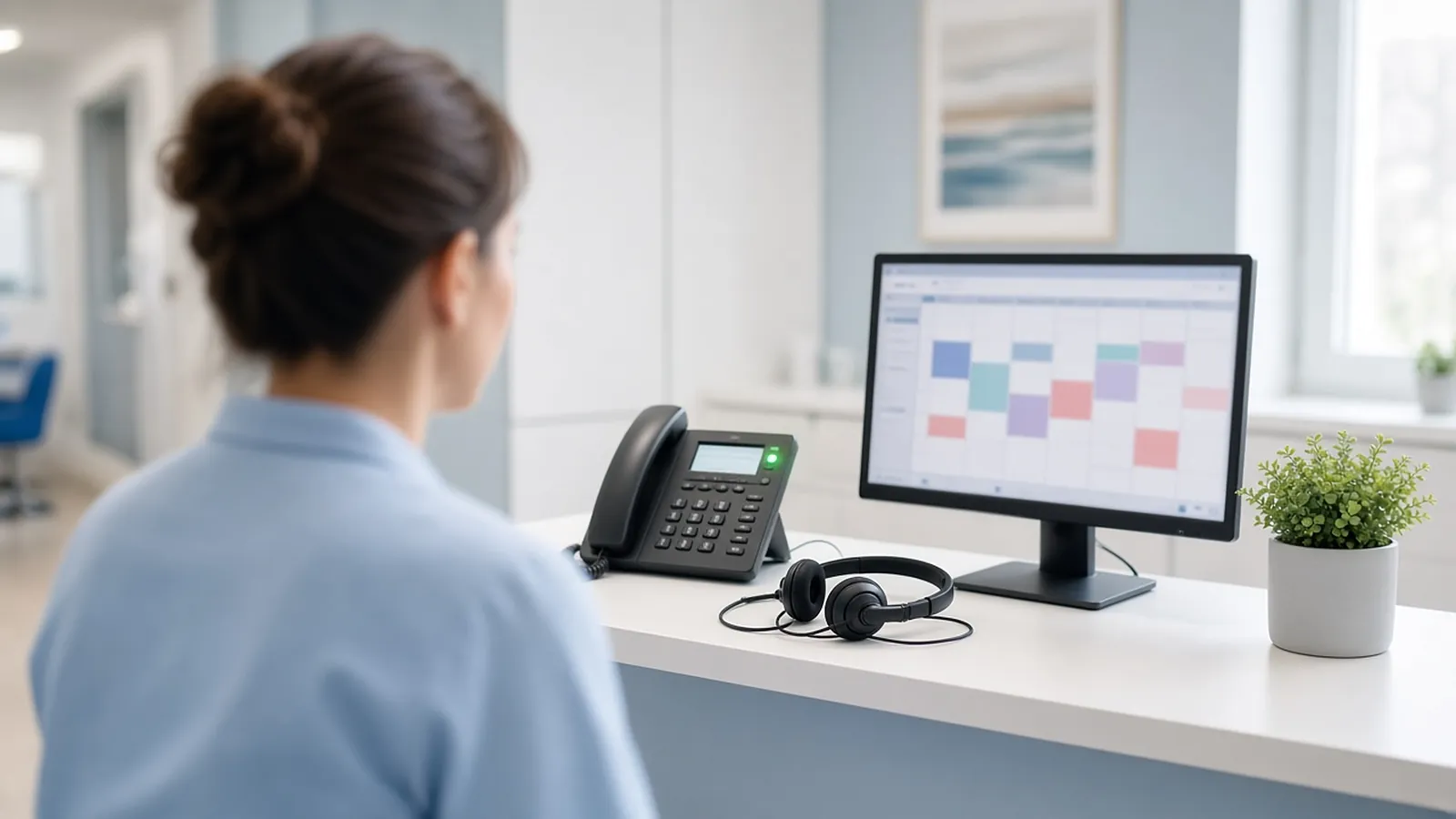 A receptionist at a clinic desk with a desk phone, a headset and a calendar on the screen