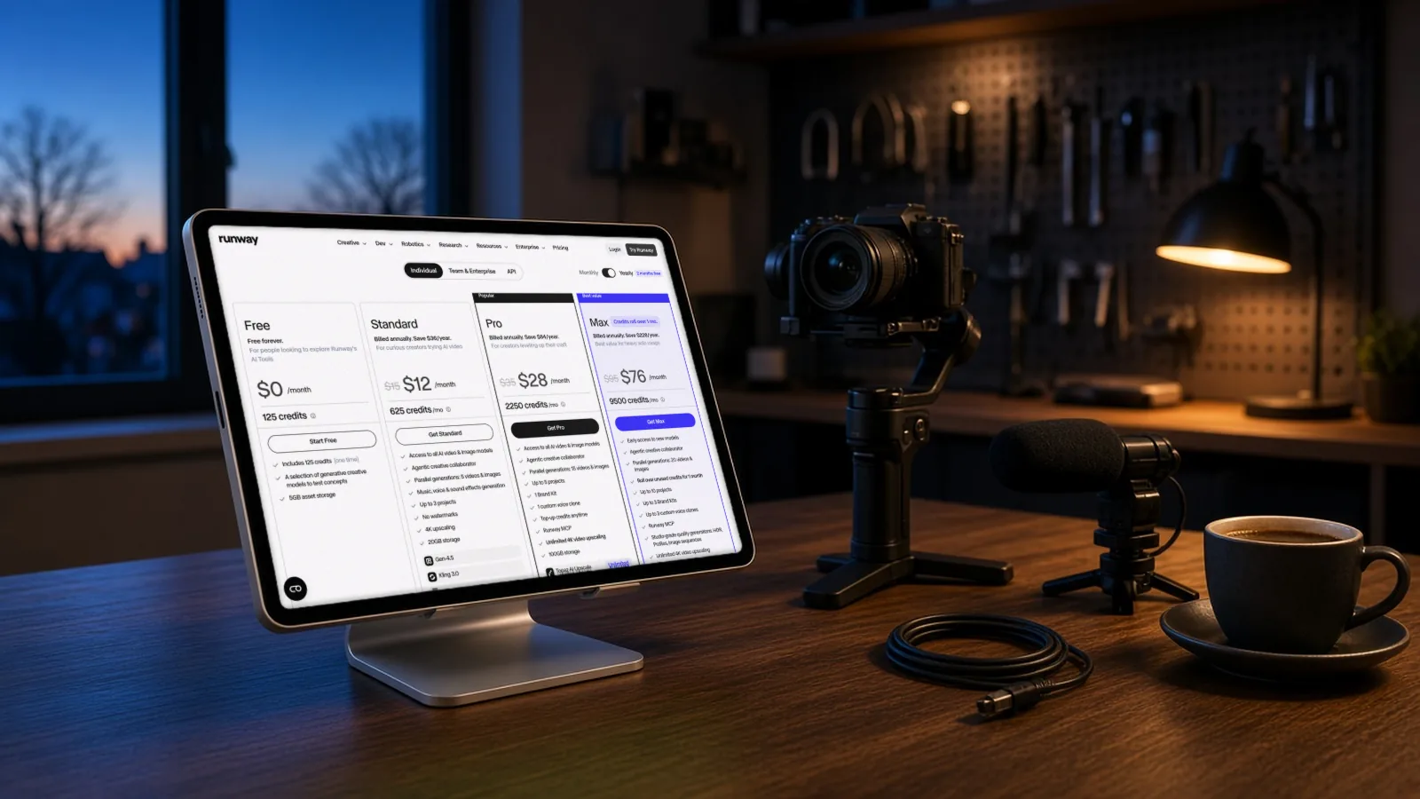 Tablet in a desk stand in a creator studio showing Runway's official pricing page