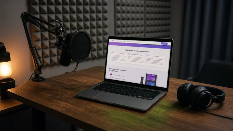 Laptop in a home recording nook showing the Clipchamp AI voice-over generator page beside a microphone and headphones