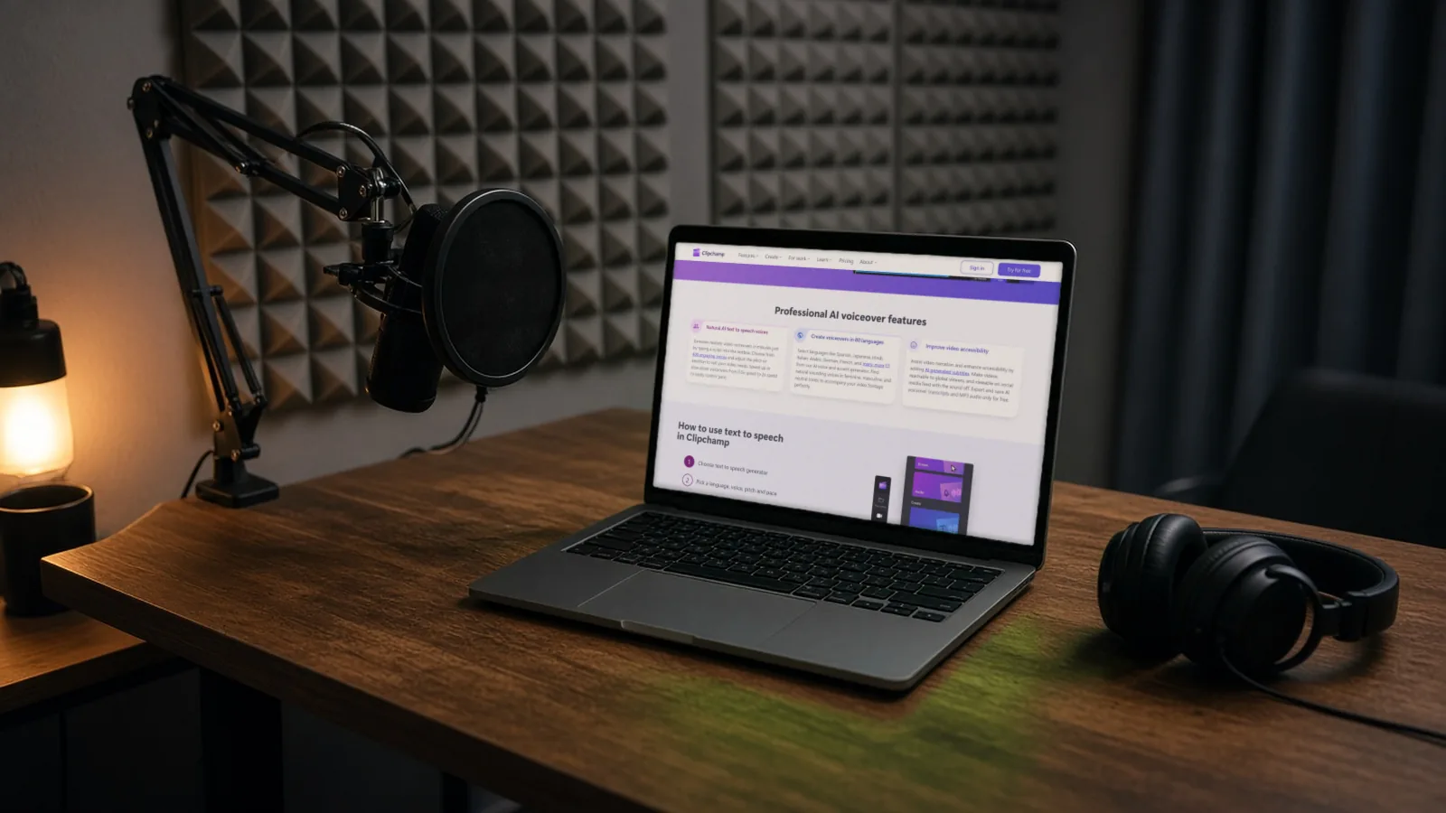 Laptop in a home recording nook showing the Clipchamp AI voice-over generator page beside a microphone and headphones