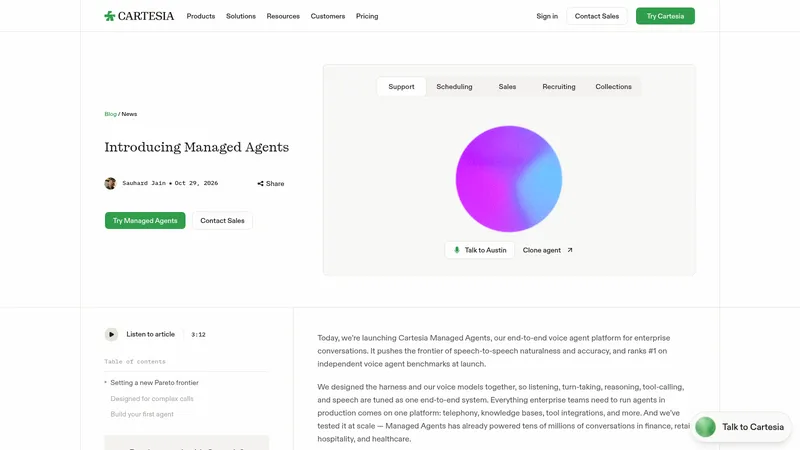Cartesia blog post Introducing Managed Agents, dated 29 Oct 2026, with a voice agent demo panel