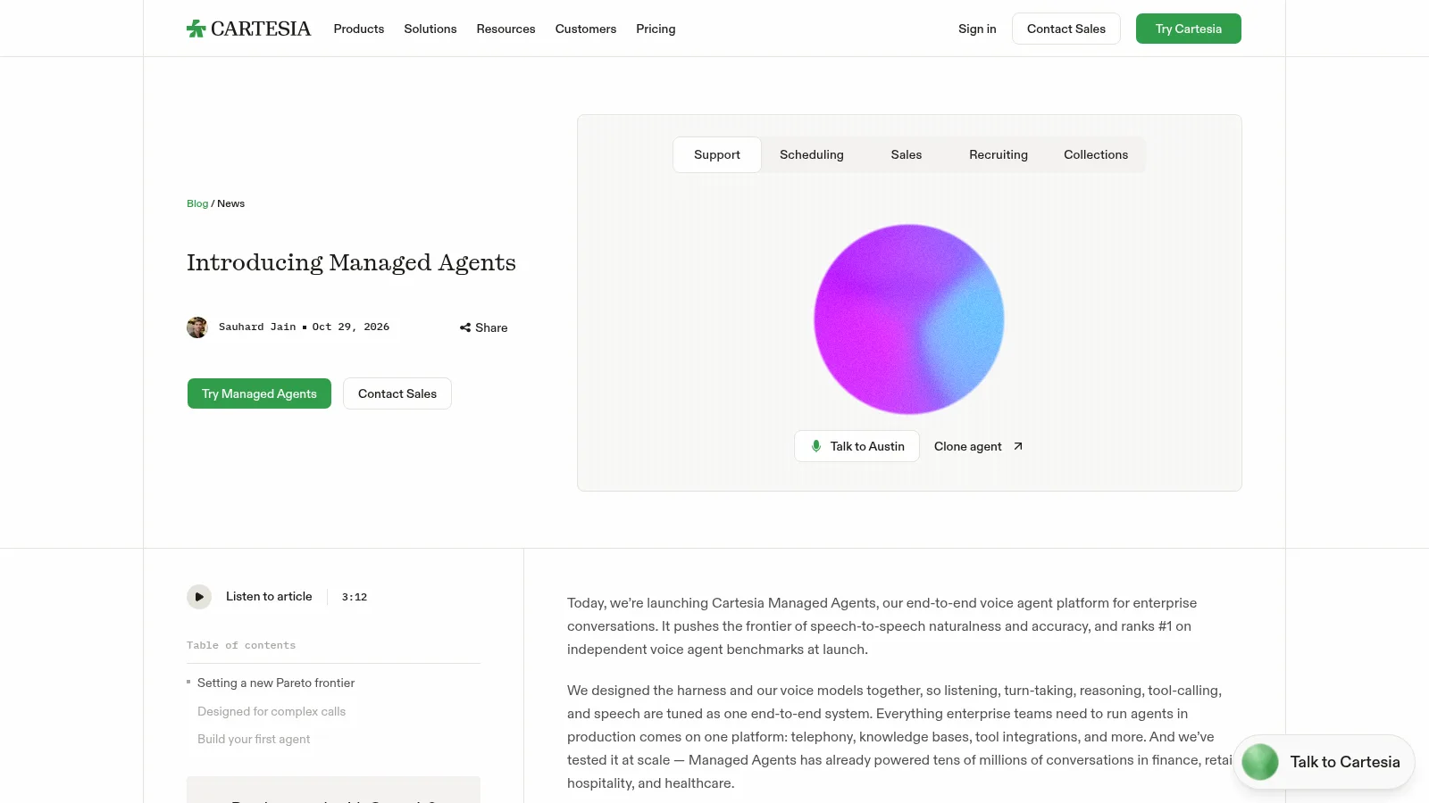 Cartesia blog post Introducing Managed Agents, dated 29 Oct 2026, with a voice agent demo panel
