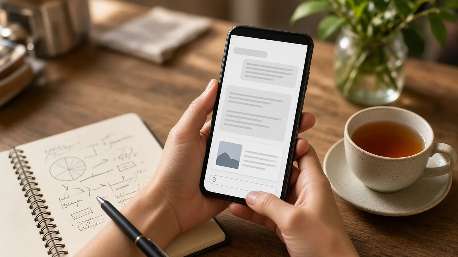 Hands holding a phone with an AI chat answer and a small ad card below it, next to a notebook and a cup of tea