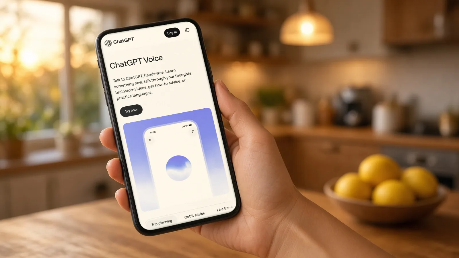 Hand holding a phone in a warm kitchen, showing OpenAI's official ChatGPT Voice page