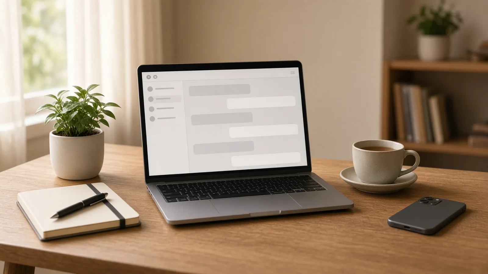 An open laptop with a generic chat window on a calm office desk beside a notebook and tea