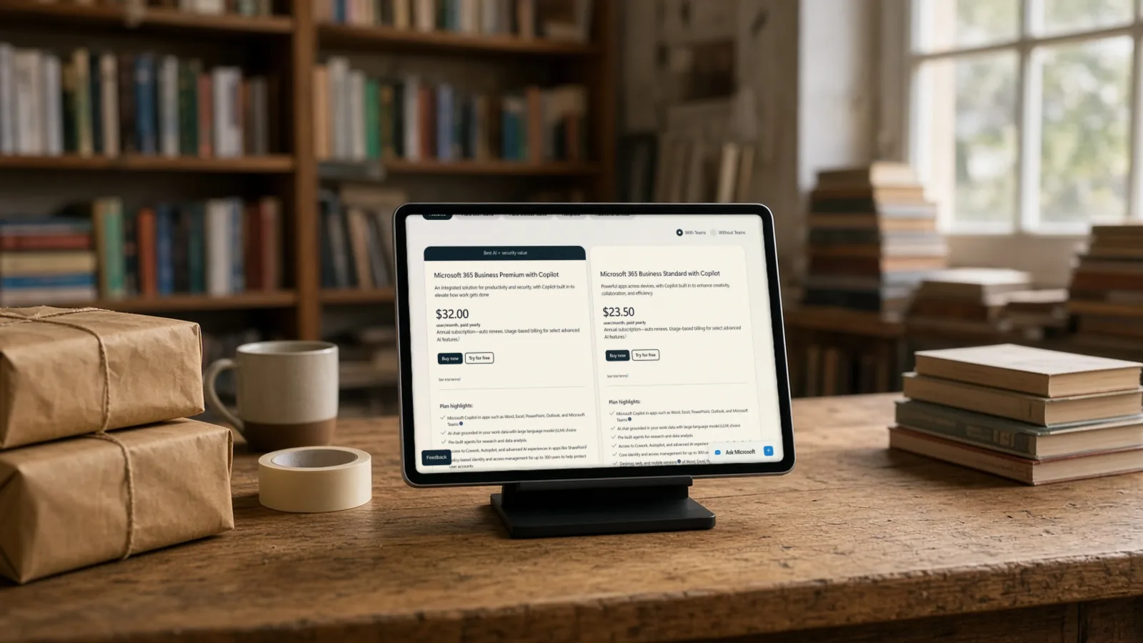 Tablet on a bookshop worktable showing Microsoft 365 business plans with Copilot and their monthly per-user prices
