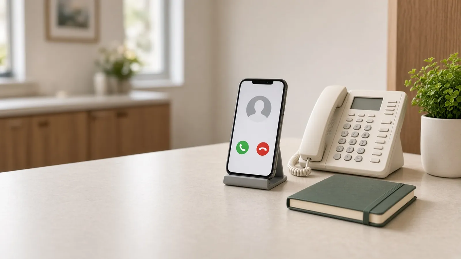 A smartphone showing an incoming call on a quiet clinic front desk beside a desk phone