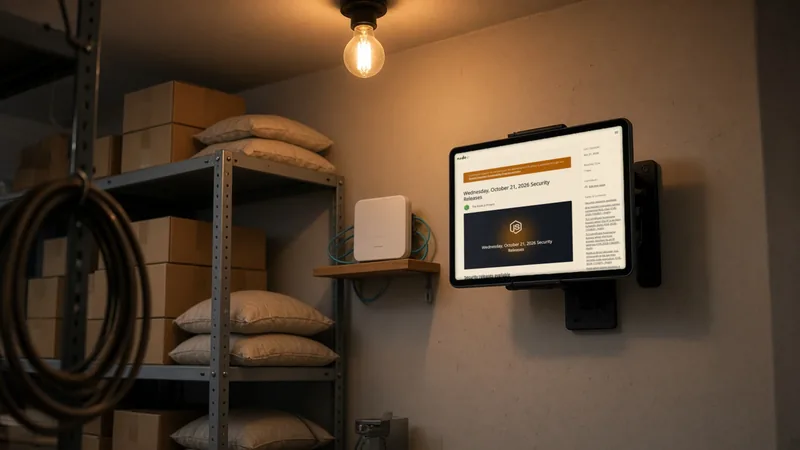 Tablet on a storeroom wall bracket beside a wifi router, showing the Node.js October 2026 security releases page