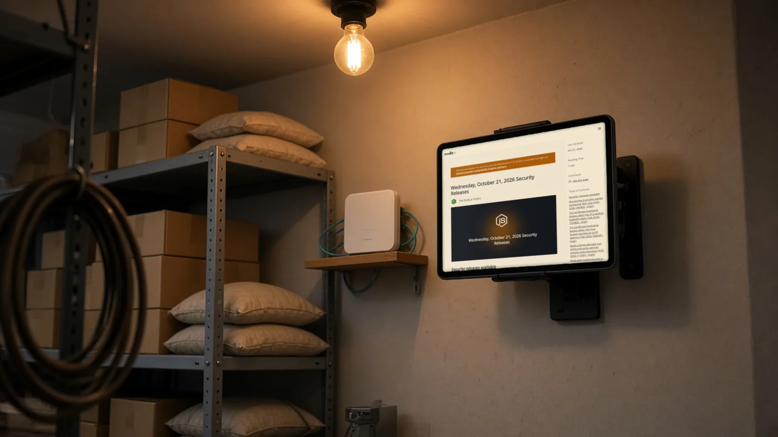 Tablet on a storeroom wall bracket beside a wifi router, showing the Node.js October 2026 security releases page
