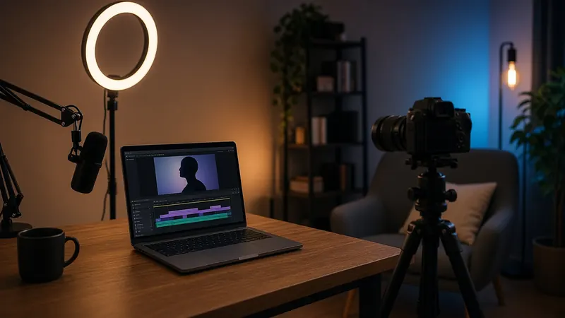 A small home video studio with a laptop video editor, a ring light, a microphone and a camera on a tripod