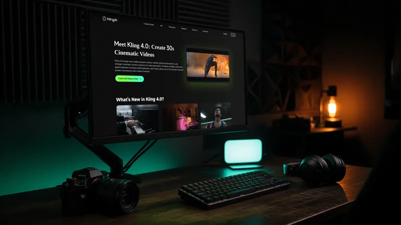 Monitor in a dark video-editing room showing Kling AI's official Kling 4.0 feature page