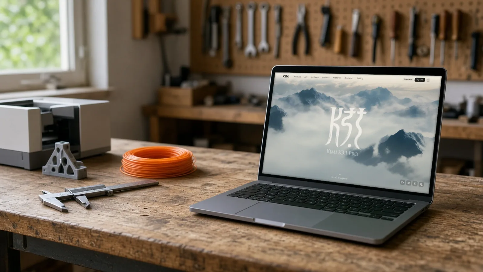 Laptop on a maker's workbench beside a 3D printer showing Kimi's official K3.1 Pro blog page