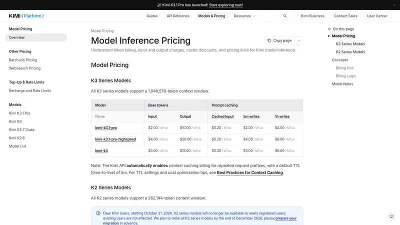 Kimi API platform pricing page listing kimi-k3.1-pro at $2.00 input and $10.00 output per million tokens