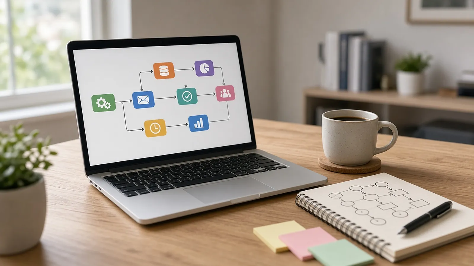 A laptop showing a workflow of connected coloured steps, next to a sketched flowchart and sticky notes