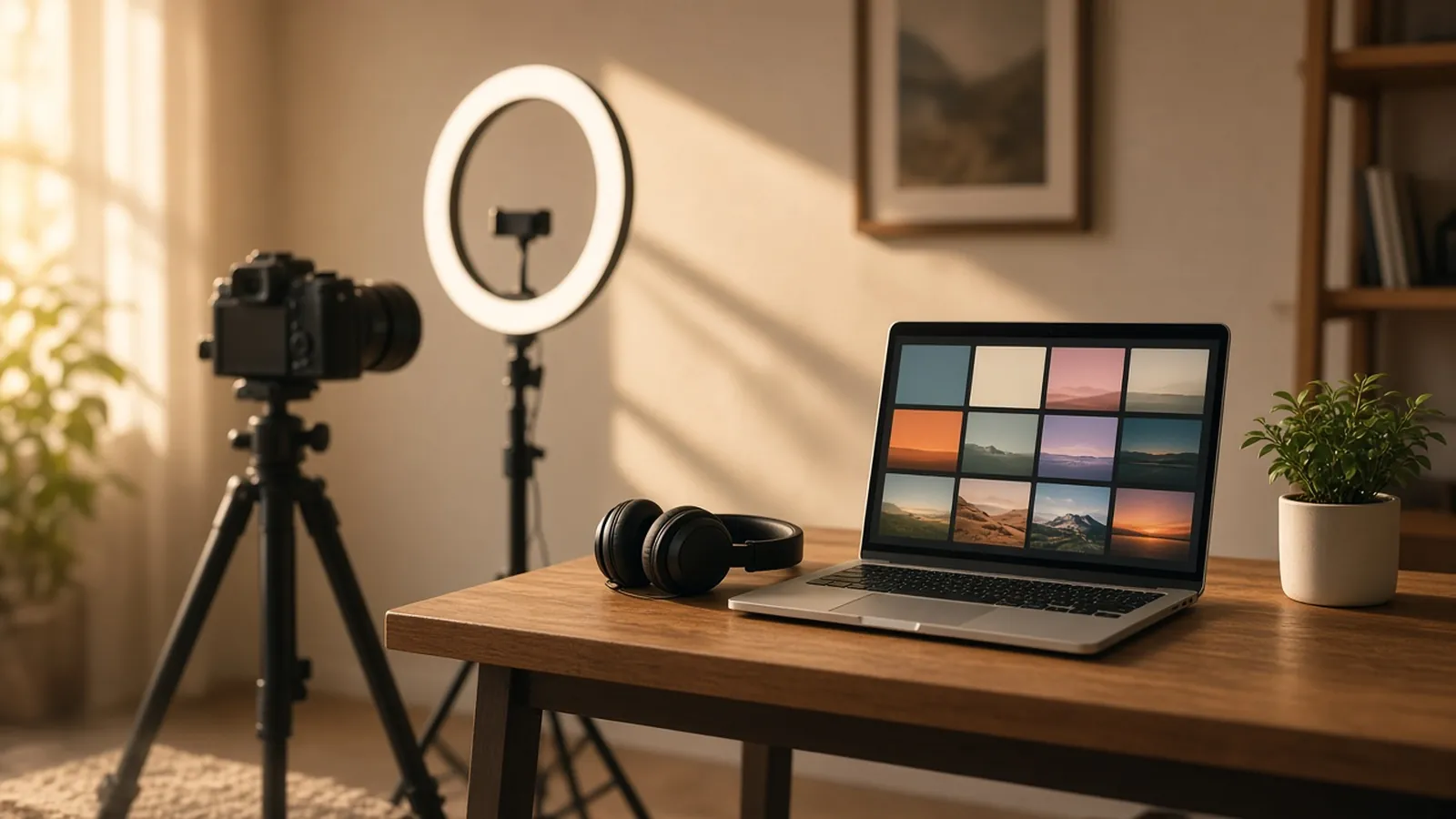 A home studio desk with a laptop showing colourful image tiles beside a camera and ring light