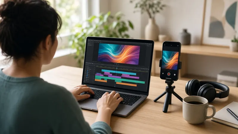 A creator at a home desk edits a video timeline on a laptop, with a phone on a small tripod and headphones beside it