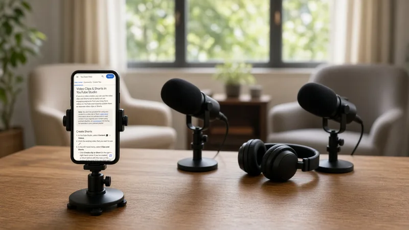 Phone on a small tripod showing YouTube's Clips and Shorts help page beside two podcast microphones