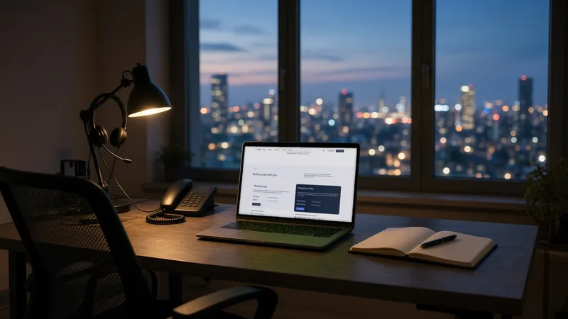 Laptop on a home-office desk at night showing Retell AI's pay-as-you-go voice agent pricing per minute