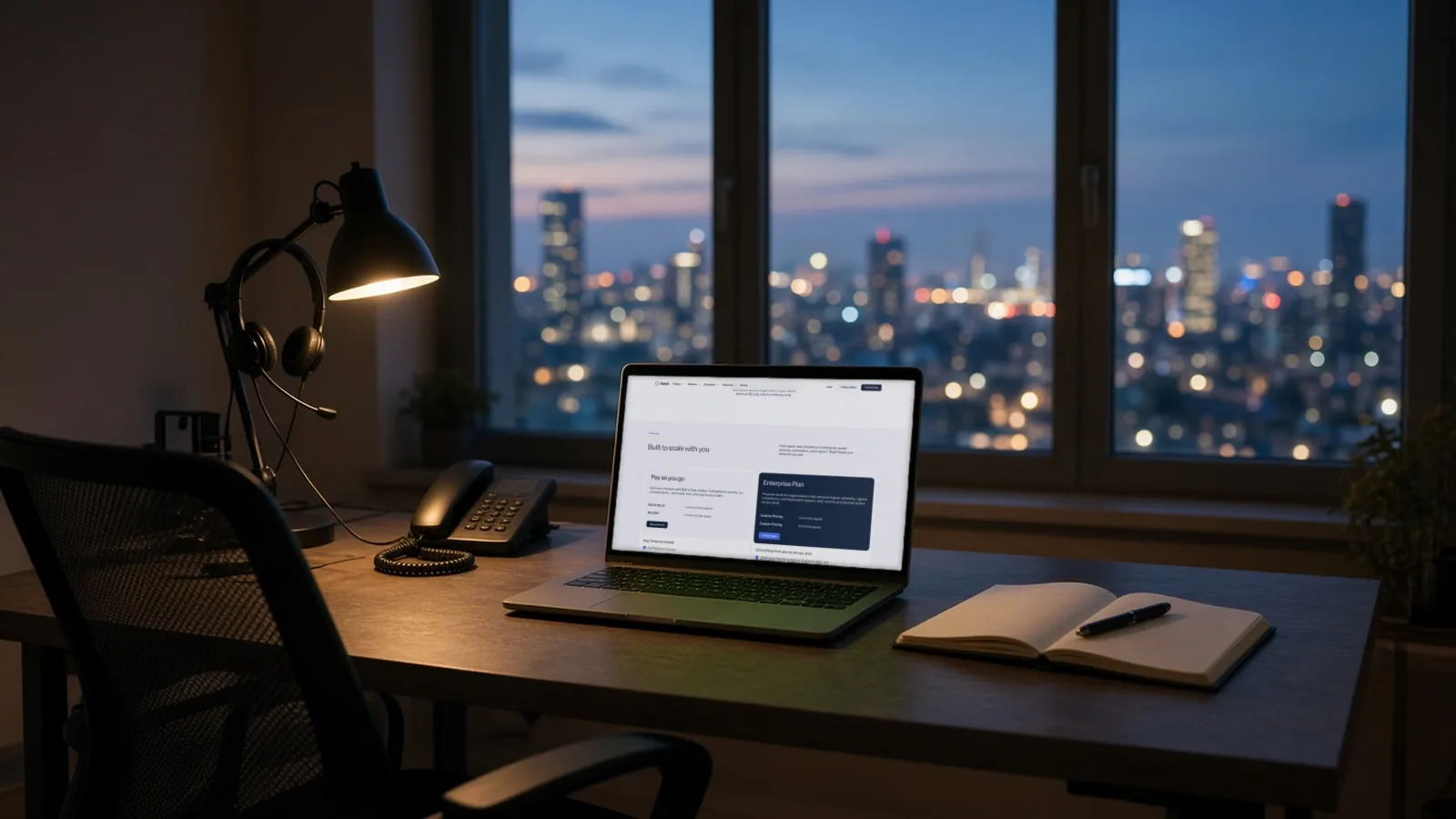 Laptop on a home-office desk at night showing Retell AI's pay-as-you-go voice agent pricing per minute