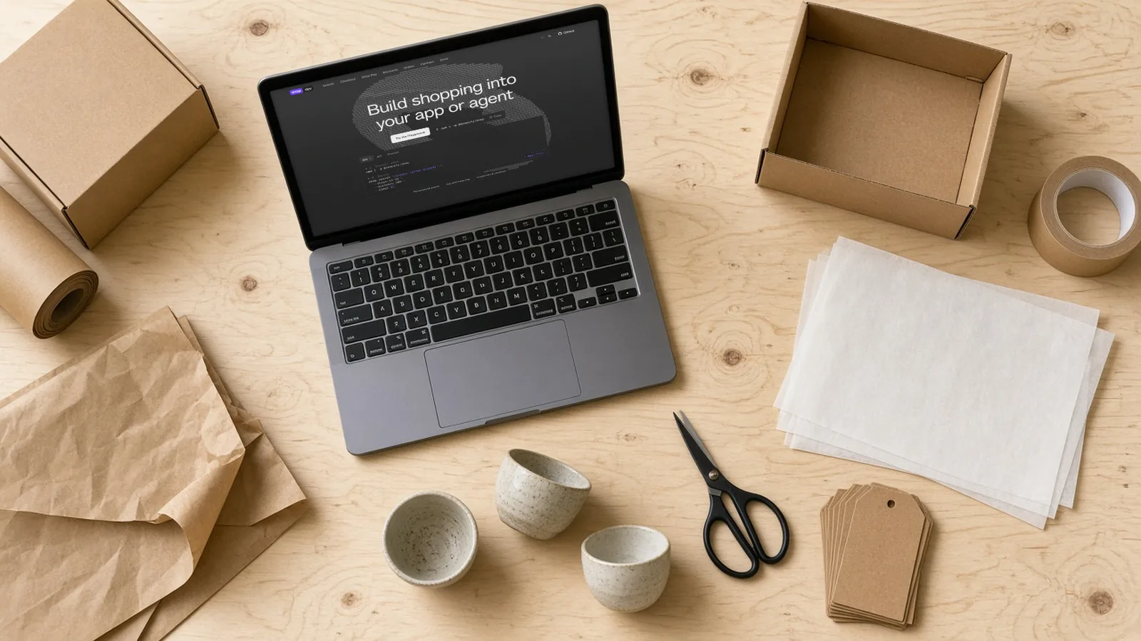 Laptop on a packing table with parcels, showing Shopify's official shop.dev page for Shop MCP