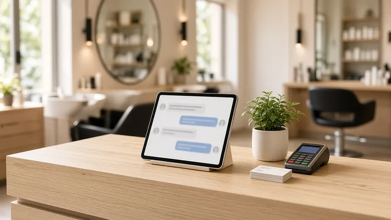 A tablet showing a chat conversation on the front desk of a small, bright hair salon