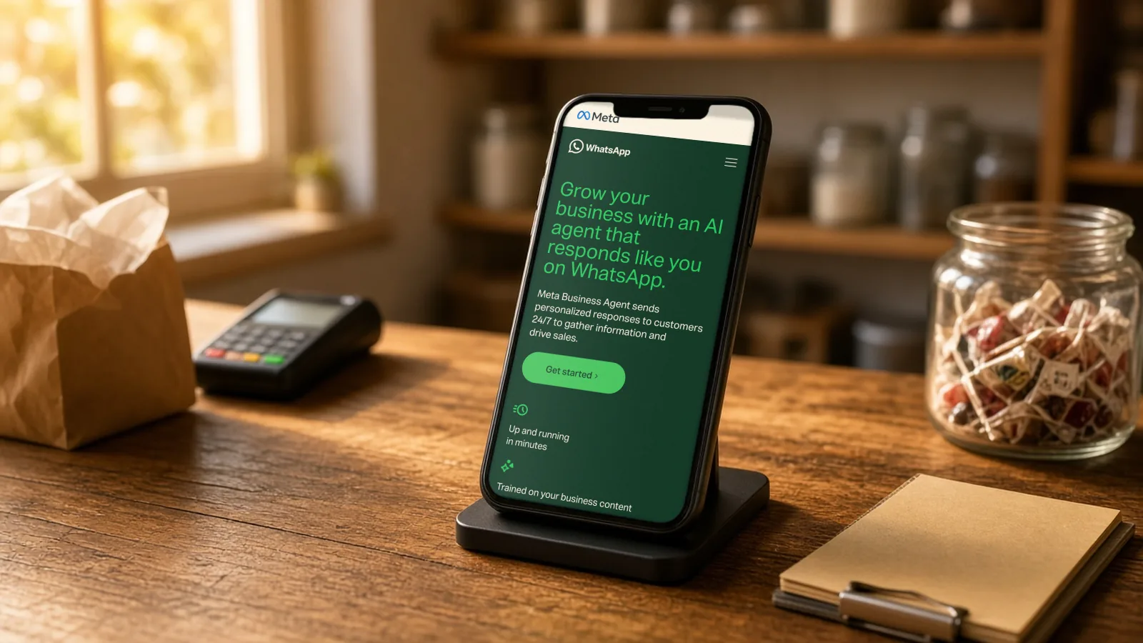 Phone in a stand on a shop counter showing Meta's official Business Agent page for WhatsApp