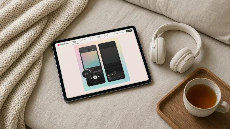 Tablet on a sofa beside headphones, showing the YouTube Official Blog post on AI music labels